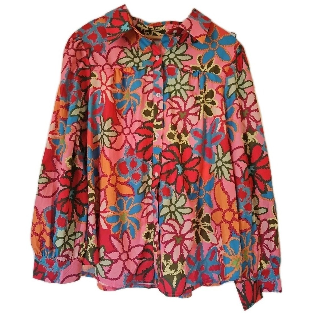Colorful Whimsical Flower Floral Groovy Button Up Top Women XL Shein